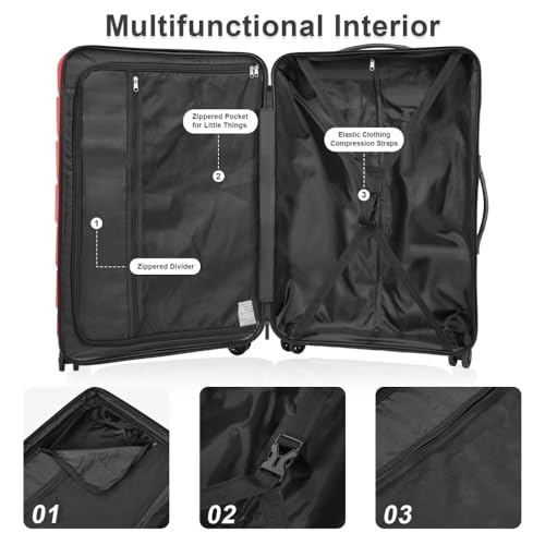 Luggage Sets ABS+PC Hardshell 3pcs Clearance Luggage Hardside Lightweight Durable Suitcase sets Spinner Wheels Suitcase with TSA Lock (20/24/28),Red4