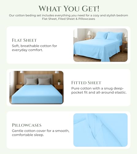 Image of ROYALE LINENS 100% Organic Cotton Full Sheet Set - 16 inch Deep Pocket Bed Sheets - Lake Blue Bed Sheets - Sabanas Full - 1 Flat, 1 Fitted & 2 Pillowcases - Lake Blue Sheet Set - Cotton Bedding Sets
