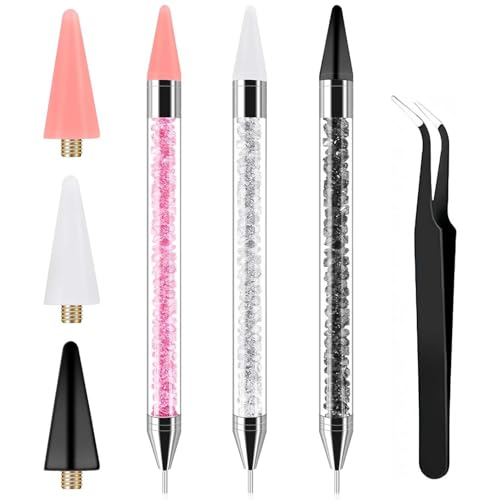 3PCS Bedazzling Rhinestone Kit Picker Double-Ended Wax Pen for Nail Art Self-Adhesive Tips for Gemstones & Crystals Includes 3 Extra Wax Tips (White Black Pink) and 1 Clip