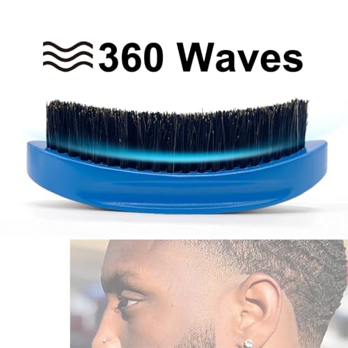 Wave Brush 360 Degree Curved for Men - Medium Hard Hair Brushes, Natural Palm Brush with Boar Bristles Firm Nylon for Wavy Hair Routine Brushing (Blue)