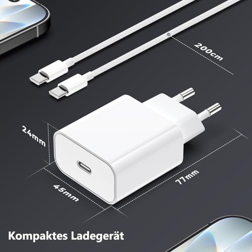 20 W USB C Ladegerät mit 2m USB C zu C Ladekabel für Phone 17/16/16e/15,17/16/15pro,17/16/15pro Max,17 Air,16/15 Plus, Pad Pro/Air/Mini,2 Psck Schnellladegerät Stecker &Schnellladekabel