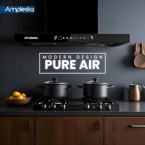 Image of Amplesta Sereno 90CM Chimney for Kitchen Auto Clean 1350 m3 /hr Vertical Wall Mounted Kitchen Chimney for Home Filterless Two Way Suction Touch & Gesture Control (Sereno MS AC FL 90 BK)