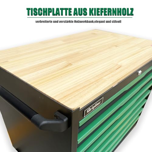 Griplier Werkstattwagen, 7 Schubladen,Bremsrad,Schwarz-Grün, Schwerlast Rollbar mit Holzarbeitsplatte,79.5 x 48 x 82cm,Belastung 300kg(7 Schubladen)
