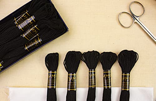 Image of 12 Pieces Black Colour Premium Embroidery Thread | 100% Egyptian Cotton Premium Skeins | Cross Stitch Embroidery Floss | Oeko TEX Certified Stranded Cotton (Black)