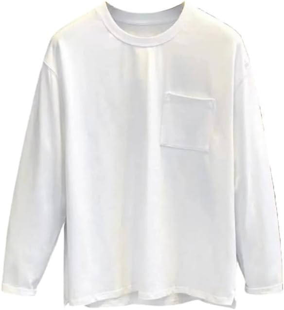 Simple and Comfortable O-Neck Men's Fall Retro Patchwork Pocket Chic Solid Casual Long Sleeved Tops