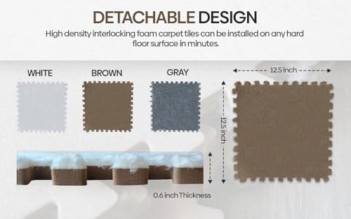 16 Piece Carpet Squares Puzzle Mat 49" x 49" Plush Interlocking Carpet Tiles, Foam Floor Tiles for Baby Play Mat - Kids Soft Play Mats Anti Slip Jigsaw Flooring Playmat Playroom Rug (Brown,Gray,White) - Thumbnail 3