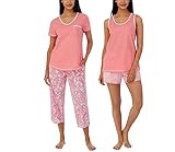 Carole Hochman Women's 4 Piece Pajama Set - Tank Top, Short Sleeve Top, Short, and Capri Pant (Pink-