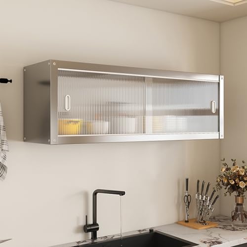 Meuble de rangement en acier inoxydable (avec portes coulissantes transparentes), Armoire murale à — haut cuisine suspendu pour vaisselle et...