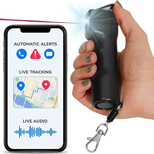 Plegium Smart Pepper Spray 5-in-1 – Self Defense Keychain for Women & Men w/Free GPS Location, Emergency Texts, Live Tracking, Bluetooth Alarm, Loud Siren, LED Strobe, Max Strength, Black