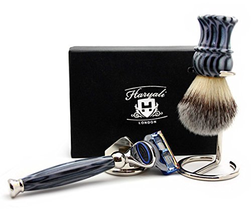 Haryali London 4 Pc Mens Shaving Kit 5 Edge Razor with Synthetic Badger Hair Shaving Brush, Stainless Steel Razor Stand and Brush Stand Perfect Set for Men