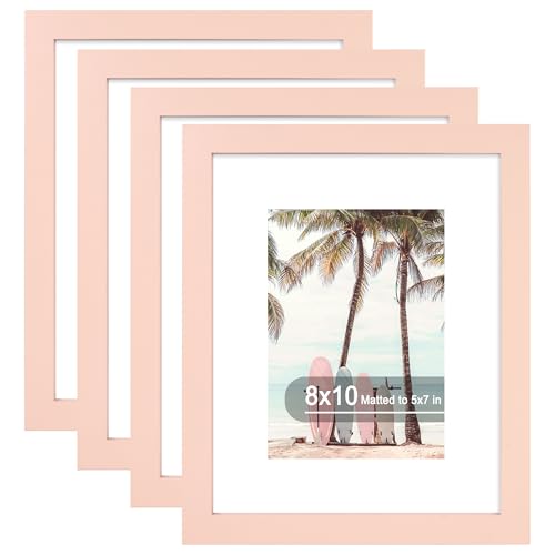 Hongkee 8x10 Picture Frame (4 Pack Pink) Made of Real Glass and Wooden Frame - Display Pictures 5x7 with Mat or 8x10 Without Mat 8 by 10 Photo Frames TableTop Display and Wall Mounting