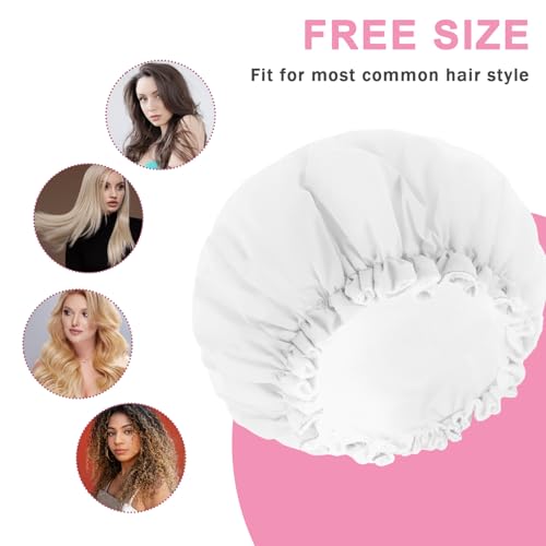 Reusable Shower Caps for Women, Terry Cloth Lined Shower Cap Double Layer Reusable Bath Cap Waterproof Elastic Band Hair Cap for All Hair Lengths for Women Spa Home Salon Use(White)