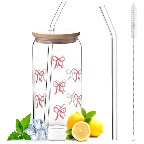 YAOYYG Vasos con Tapa y Pajita, Elegante Vaso de Cristal de 16 oz con Tapa y Pajita, Una Taza Con Un Patrón de Crisantemo, Aptos para Cócteles, Helados, Jugos o Café (Patrón de Moño)