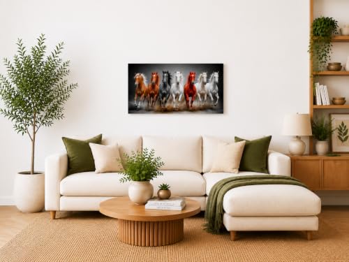 Image of 7 Horse Vastu Sunrise Canvas Painting | Positive Energy Wall Decor | Big Size Premium Running Horses Artwork for Home, Office & Hall Decoration (Modern, Sand Horse, 26x18 Inch)