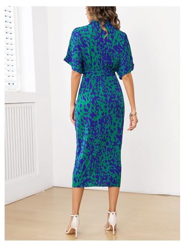 Image of MakeMeChic Women's High Waist Belted Shirt Dress High Split Printed Collar Neck Short Sleeve Midi Dress