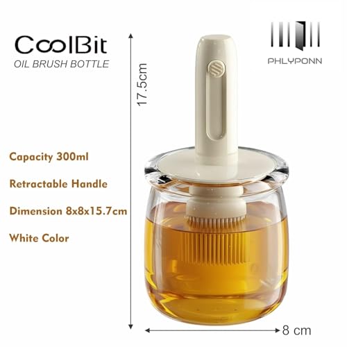 Image of 300ml Glass Oil Dispenser Bottle for Kitchen with Retractable Handle, Leakproof Glass Jar, Kitchen Basting Brush for Cooking, Baking, BBQ. (White)