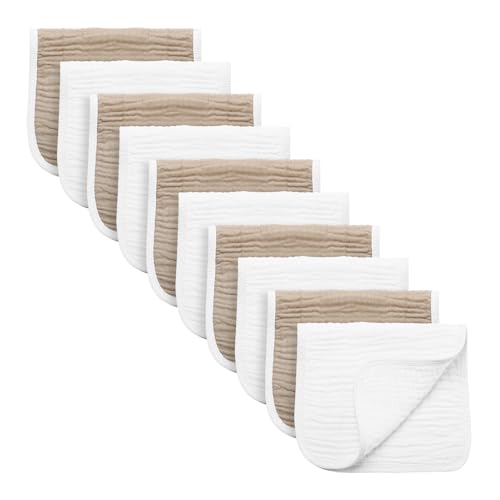 Image of Synrroe Burp Cloths Large, Muslin Burp Cloths for Baby Girls and Boys, Pack of 10 Extra Absorbent and Soft Muslin Bibs, 6 Layers 20 by 10 Inches 100% Cotton (White and Brown 10 Pack)