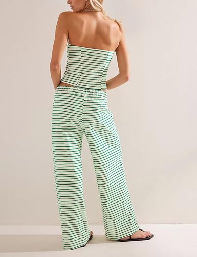 Image of SAFRISIOR Summer 2 Piece Sets Strapless Crop Tube Top Striped Elastic Waist Wide Leg Lounge Pants Matching Beach Bandeau Pajama Set