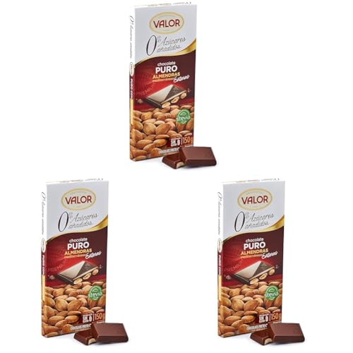 Valor - Chocolate puro con Almendras enteras Mediterráneas. Sin Gluten. 0% Azúcares añadidos. Chocolate puro Valor apto para Celiacos - 150 Gramos (Paquete de 3)