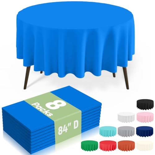 Image of misaya 8 Packs Disposable Plastic Table Cloth, 84 inch Round Waterproof Tablecloth, Leakproof & Sturdy Decorative Table Covers for Picnic, Party, Outdoor and Back to School, Blue