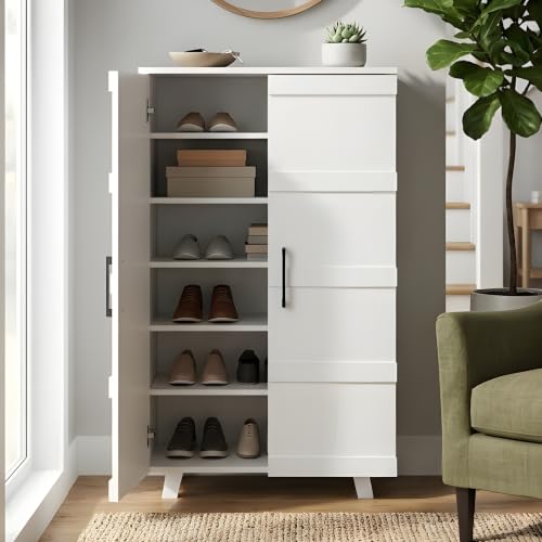 Image of Rune Engineered Wood Shoe Cabinet | 2 Door Shoe Rack with 6 Spacious Shelves | Modern Shoe Storage Cabinet for Entryway, Bedroom & Living Room | White Finish