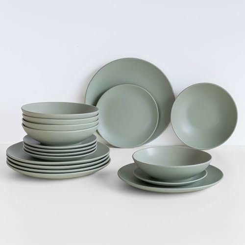 IlGruppone Servizio 18 Pezzi Piatti Cucina in Porcellana Gres Matt Design Moderno Finiture Opache Piatto Fondo Piano Dessert Lavastoviglie MicroondeCertificati Contatto Alimentare - Salvia