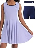 PATPAT Girls Tennis Dress Set, Athletic Dress with Headband & Bamboo Viscose Shorts with Pocket, Outfit for Golf Dance School, Lavender Haze, US10/M