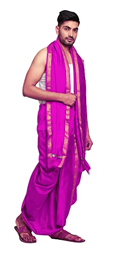 Image of Rameshwaram Fabrics Readymade Dhoti for Men, Velcro Style Stitched Mens Silk Dhoti Pant with Stole Set