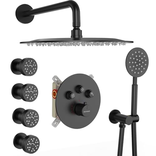 Shower Faucet Set Matte Black Shower System, Bostingner 12" Round Rain Shower Head with Handheld Spray and 4 Body Jets,Can Run Together,3 Way Shower Set with Thermostatic Valve and Trim Kit