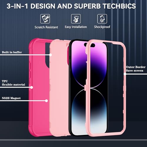 Image of SunStory Compatible with iPhone 14 Pro Max Case with HD Screen Protector, 3-Layer Heavy Duty Full-Body Cover,3 in 1 Hybrid Protective Case for iPhone 14 Pro Max 6.7 inch,PinkRed