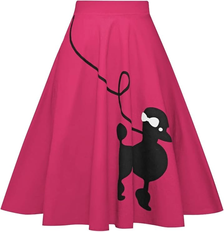 ZEZCLO Womens 50s Vintage Poodle Skirt Dog Printed High Waist Loose Fold Pleated A-line Zipper Skirts Rose M