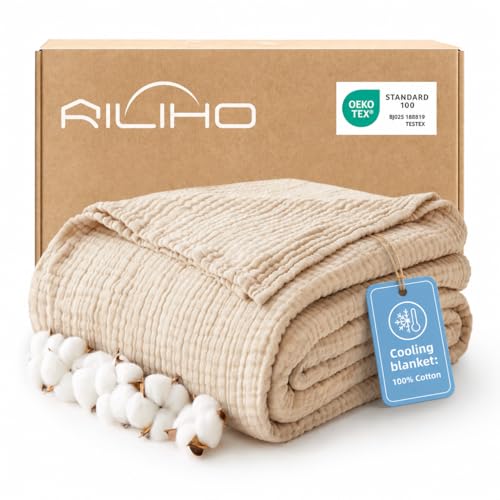 RILIHO 100% Cotton Muslin Blanket Adult Cooling Summer Blanket 6 Layers Lightweight and Breathable Throw Blankets for Couch Soft Cold Blanket for Sleeping All Season 127 x 152 cm Beige