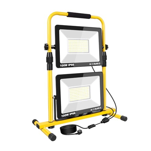 Luz de trabajo LED SKYWORLD de 100W - Foco portátil con soporte telescópico de 53cm | IP66, blanco frío de 6000 K, cable de 5 m e interruptor | Para taller, garaje y obra