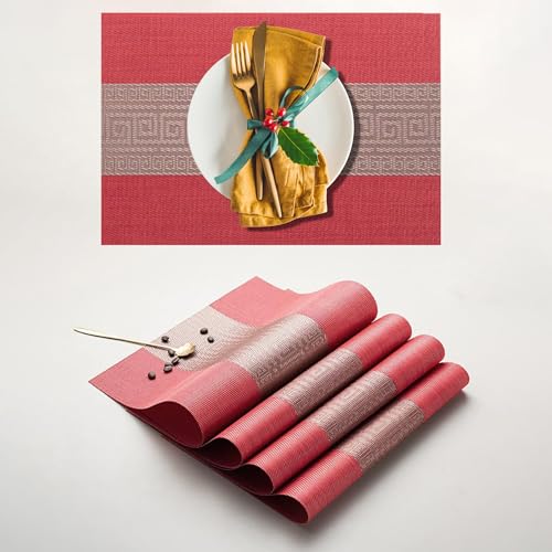 Image of YELONA Placemats Set of 4, Heat-Resistant Woven Vinyl Table Mats, Non-Slip & Washable Dining Tablemats for Kitchen & Dinner Decor, Scarlet Red (45cm x 30cm)