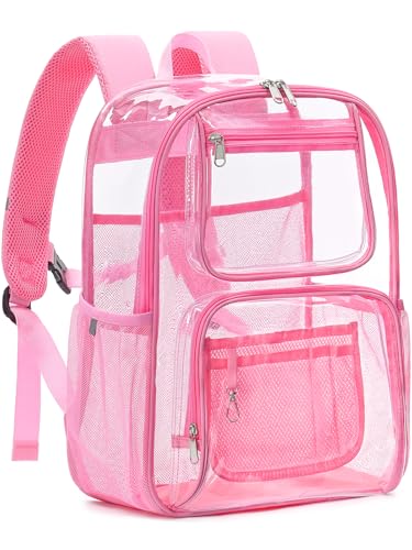Image of Heavy Duty Clear Backpack For Kids Women Men Boys Girls, 17 Inch Large See Through Backpack, 360 3M Reflective Strips Clear Bookbag, Transparent Bag For School College Sport Work Security, Pink