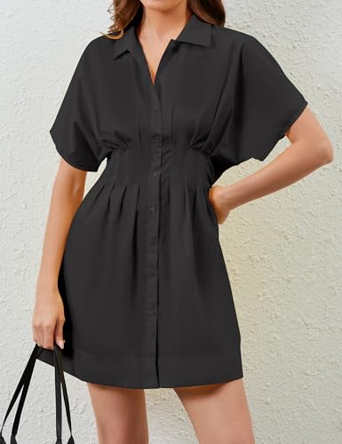 Women Button Front Pleated Shirt Dresses Summer Casual Short Sleeve Pleated Blouse Mini Dress2