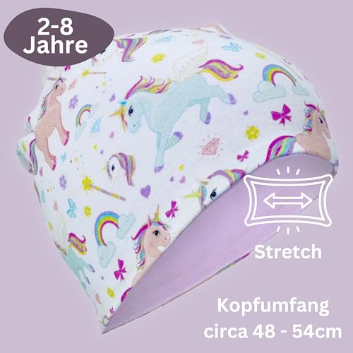 HECKBO Einhorn Beanie Mütze & Kinderschal Set - 95% Baumwolle - Reversible mit Jersey - Übergangszeit Frühling Herbst Winter (48–54 cm)