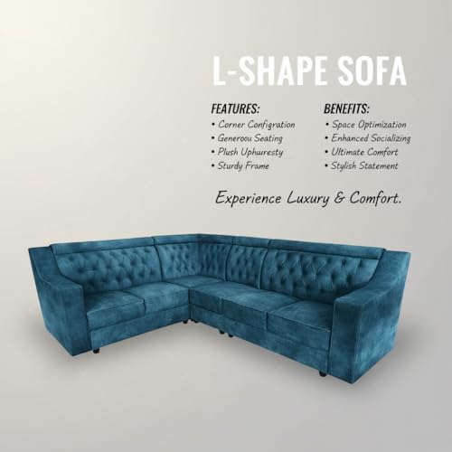 Image of APRODZ Wooden Sofa Set 6 Seater for Living Room, Solid Wood L Shape Sectional Sofa with Velvet Fabric Upholstery, Cushioned Seating for Home, Office & Lounge, Blue