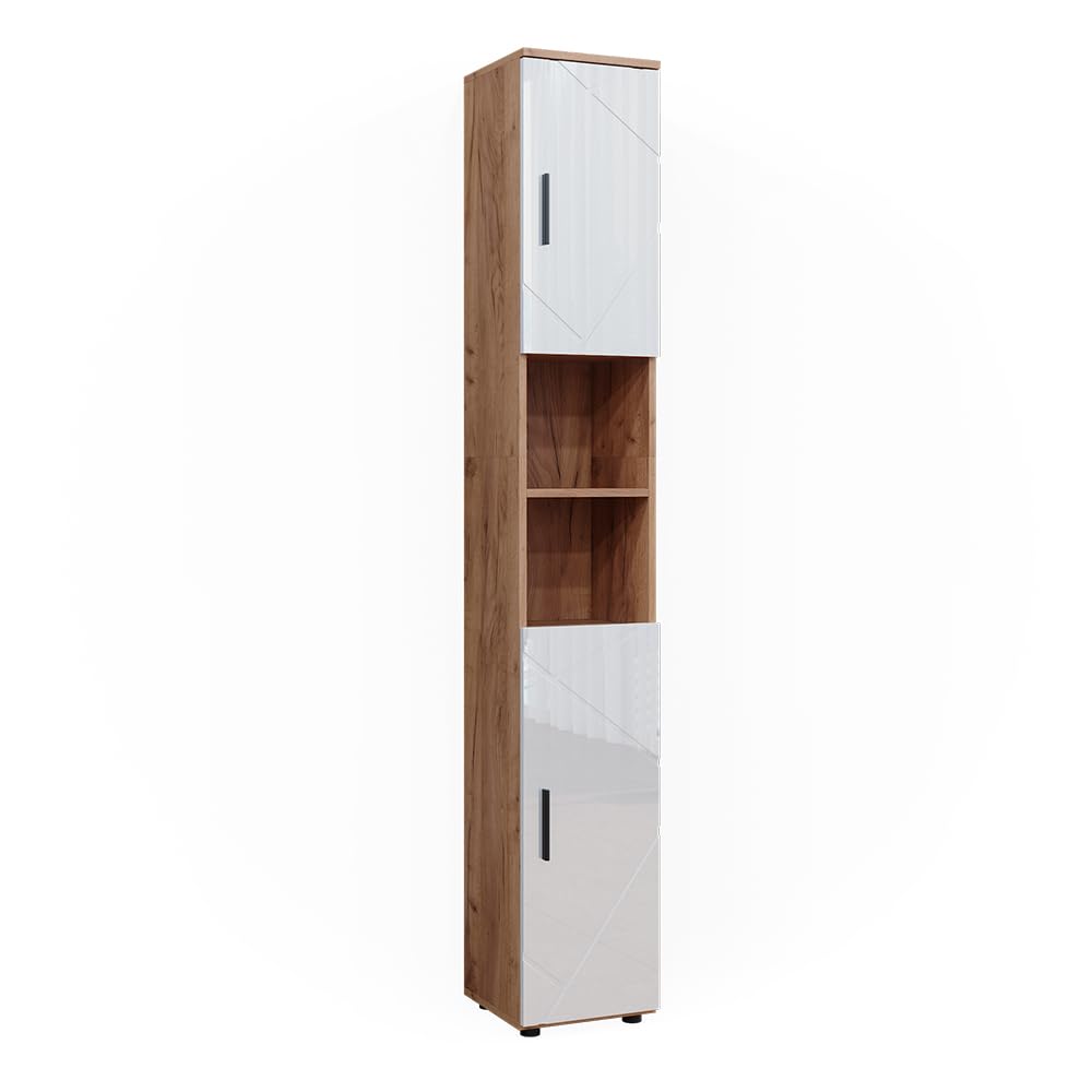 Vicco Badschrank Irma, Weiß Hochglanz/Goldkraft Eiche, 30 x 192 cm mit Türen, und offenen Fächern, zur Aufbewahrung von Badutensilien und kompatibel mit Irma-Serie