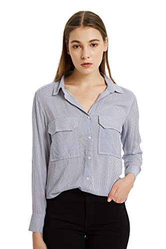 Tronjori Womens Rayon Long Sleeves Blouse Stripe Shirt (M,Blue Stripe)