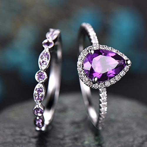 2Pcs Womens Purple CZ Engagement Rings 925 Sterling Silver Shining Amethyst Ring Tear Drop Shape Cubic Zirconia Promise Rings Set(US Code 7)
