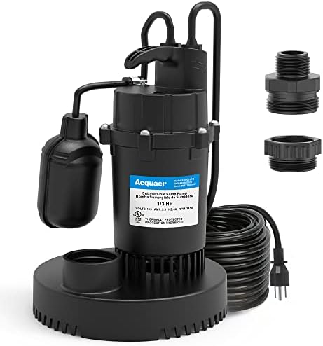 Acquaer 1/3HP Sump Pump, 3040GPH Submersible Clean/Dirty Water Pump with Automatic Float Switch and 10ft Power Cord Sub Pump for Basement, Pool, Pond, Drain, Flooded Cellar, Aquarium and Irrigation