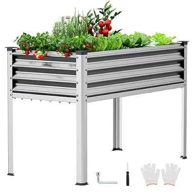 Keten Raised Garden Bed with Legs, 48×24×32in Outdoor Metal Galvanized Elevated Planter Box with Glove, Socket Wrench, Screwdriver for Vegetables, Flower, Backyard, Patio, Balcony (Silver)