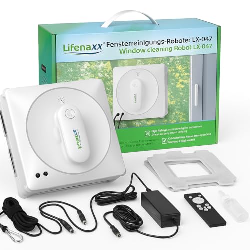 Lifenaxx LX-047, robot eléctrico limpiacristales avanzado con 4 boquillas de pulverización, 4 programas de limpieza, motor sin escobillas, mando a distancia - también para las ventanas sin marco