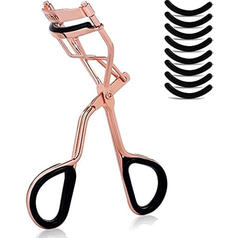 KLIHN - Exklusive Wimpernzange, Eyelash Curler inkl. 8 extra Ersatz-Gummi-Pads - Das Make-Up Tool für perfekt geschwungene Wimpern aus hochwertigem Carbonstahl (Roségold Glänzend) Cover
