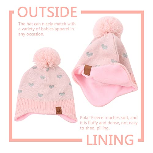 Knitted Pink Baby Hat Scarf Set Winter Warm Girls Beanie Fleece Lining Toddler Kids Hat With Pompom (Pink Heart(Hat+Scarf), M) #TOP1
