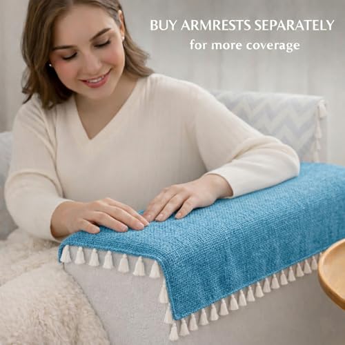 Image of STITCHNEST Jute Sofa Cover - Blue, 70x30 Inch | Soft Textured Fabric with Tassel| Sofa for Living Room Decor