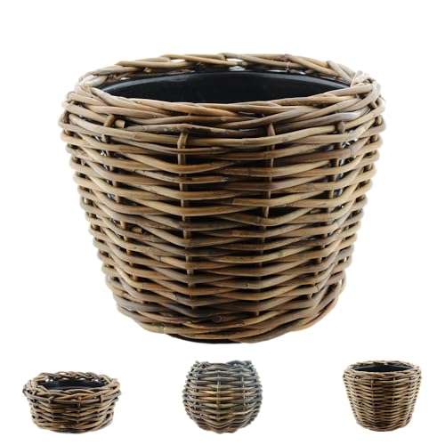 Rattan Pflanzkorb - Pflanzkübel - Rustikale Blumenkübel mit praktischem Kunststoffeinsatz - Handgeflochtene Rattan-Schale Braun - Wetterfester Übertopf für Innen & Außen (Braun  47 cm Höhe: 35 cm)