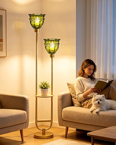 Image of Modern Glass Floor Lamp with Shelf for Living Room 2-Lights Gold Floor Lamp with Green Glass Shade, Mid Century Standing Tall Lamps with Foot Switch for Bedroom Home Decor(Bulbs Included)