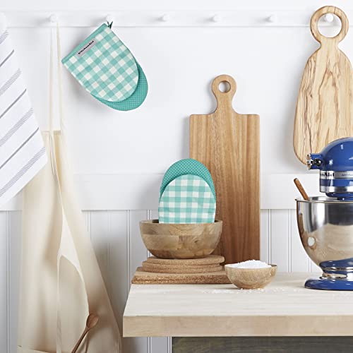 Image of KitchenAid Gingham Mini Oven Mitt 2-Pack Set, Aqua Sky, 5.5 inchx8 inch